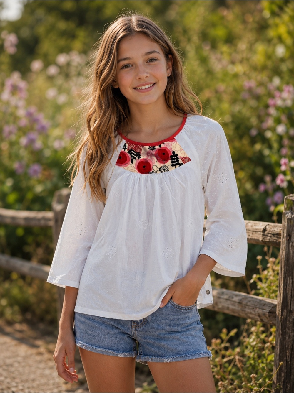 435 by Matilda Jane Girls Size 14 White Floral Yoke Tunic Top NWT